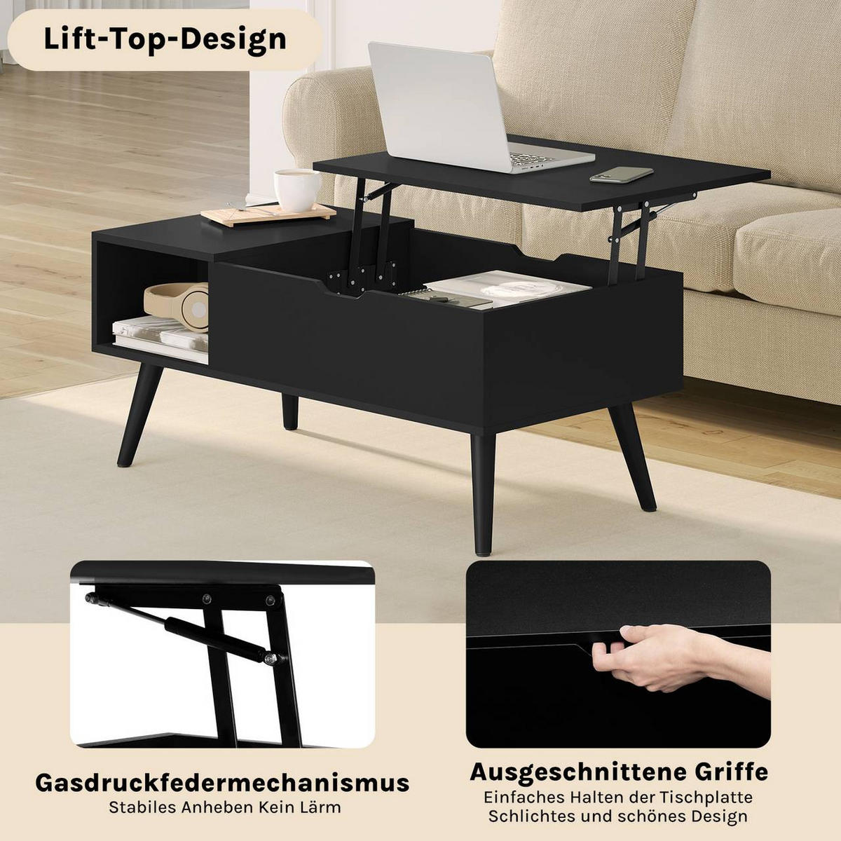 COUCHTISCH höhenverstellbar(47-53 cm), mit Stauraum, Schwarz - Schwarz, Holzwerkstoff/Metall (50/100/43cm) - Woltu