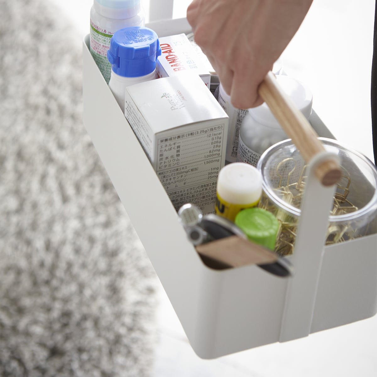 AUFBEWAHRUNGSKORB aus weißem Metall mit Holzgriff - L29 cm - Weiß, Metall (13/16/14cm) - Yamazaki