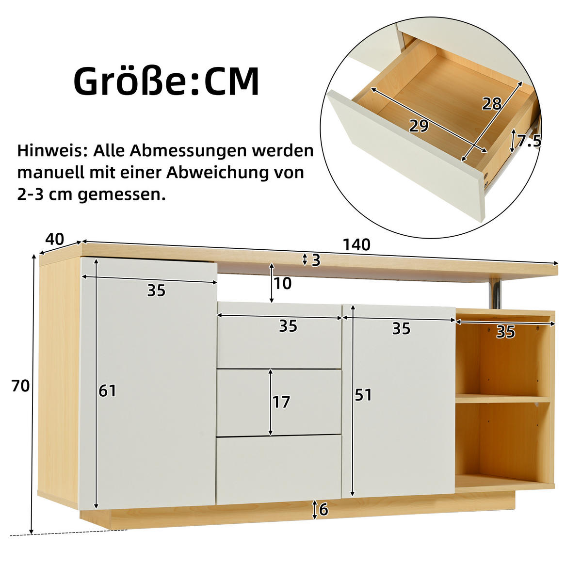 SIDEBOARD LED Weiß Holz 2 Türen 3 Schubladen 140cm Multifunktion - Multicolor, Holzwerkstoff (40/70/140cm) - FLIEKS