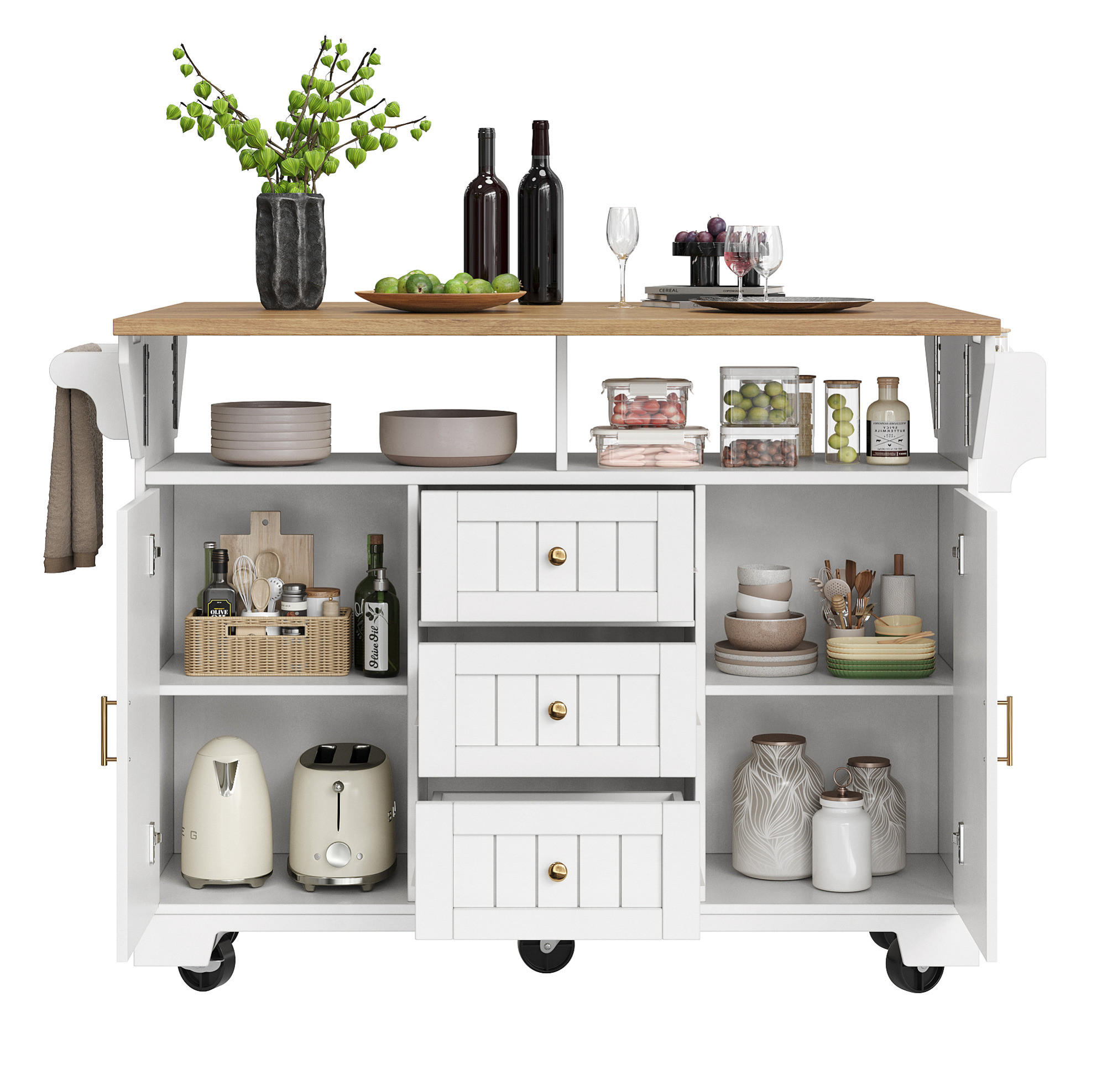 KÜCHENINSEL 120/40-80/95 cm aus MDF und Metall mit beidseitig klappbarer Tischplatte Weiß (Holzoptik) - Weiß, Holzwerkstoff (120/95/80cm) - Modenvie
