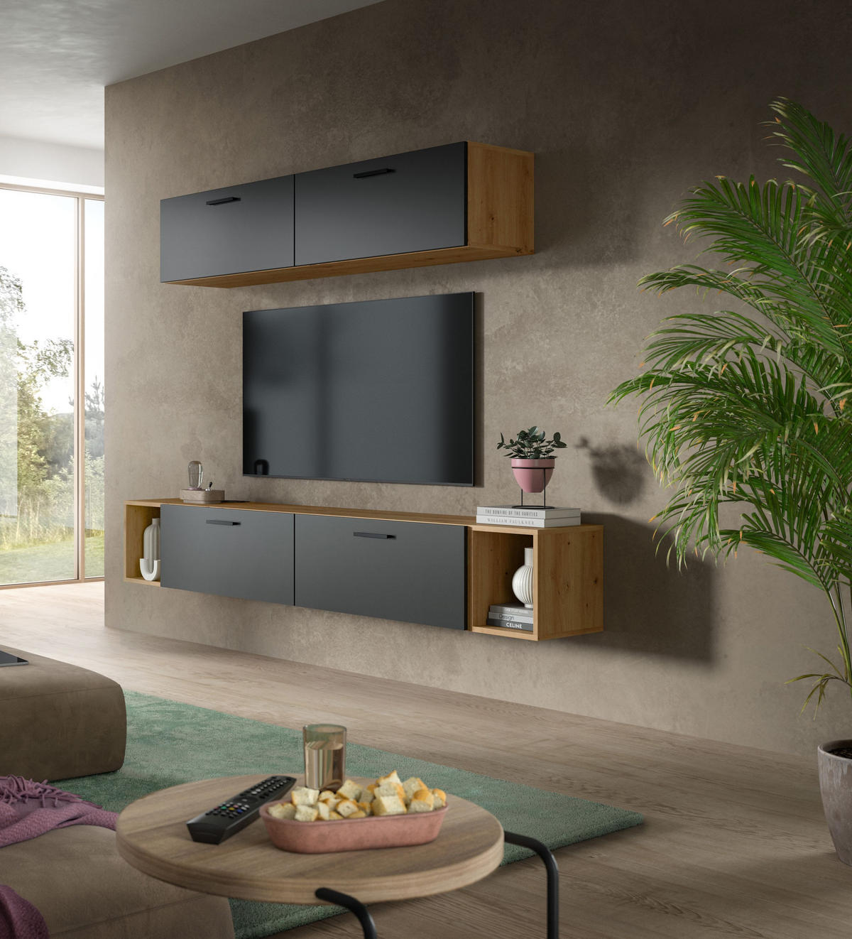 WOHNWAND Primo 6 tlg. (B/H/T: ca. 202/184/34 cm) in Artisan Oak /Basalt grau - Eiche Artisan, Holzwerkstoff (202/184/34cm)