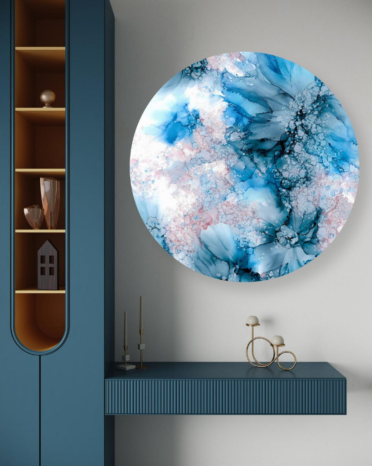 RUNDES BILD Blau 60/60 cm - Blau/Weiß, Textil (60/60cm) - KUNSTLOFT