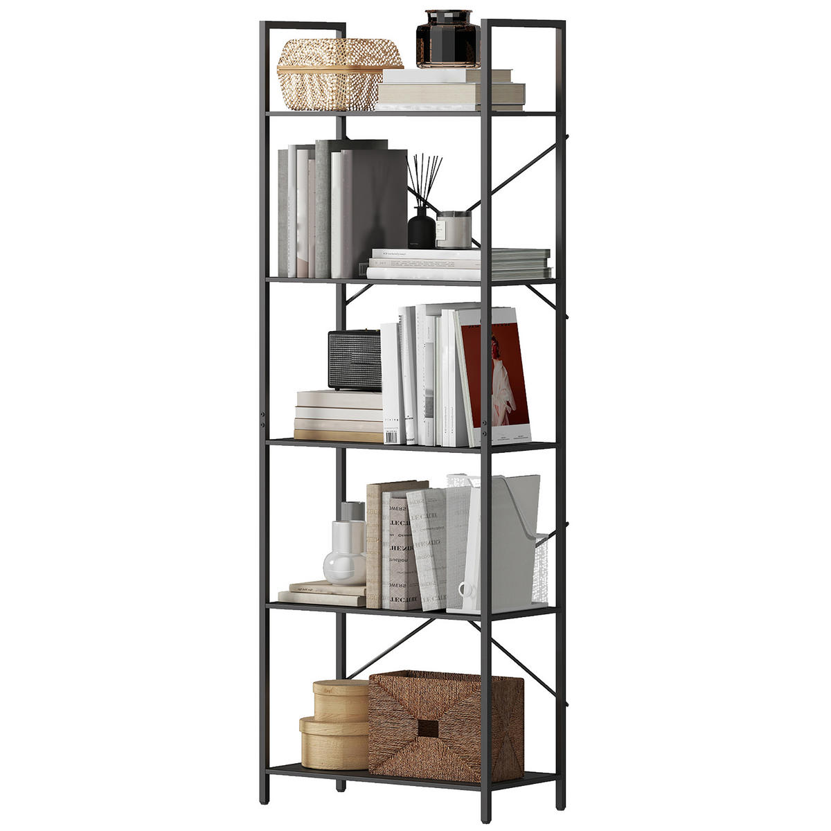 BÜCHERREGAL DE-09384 5 Ebenen mit Metallrahmen Schwarz - Schwarz, Metall (30/170.5/60cm) - ComfortXL