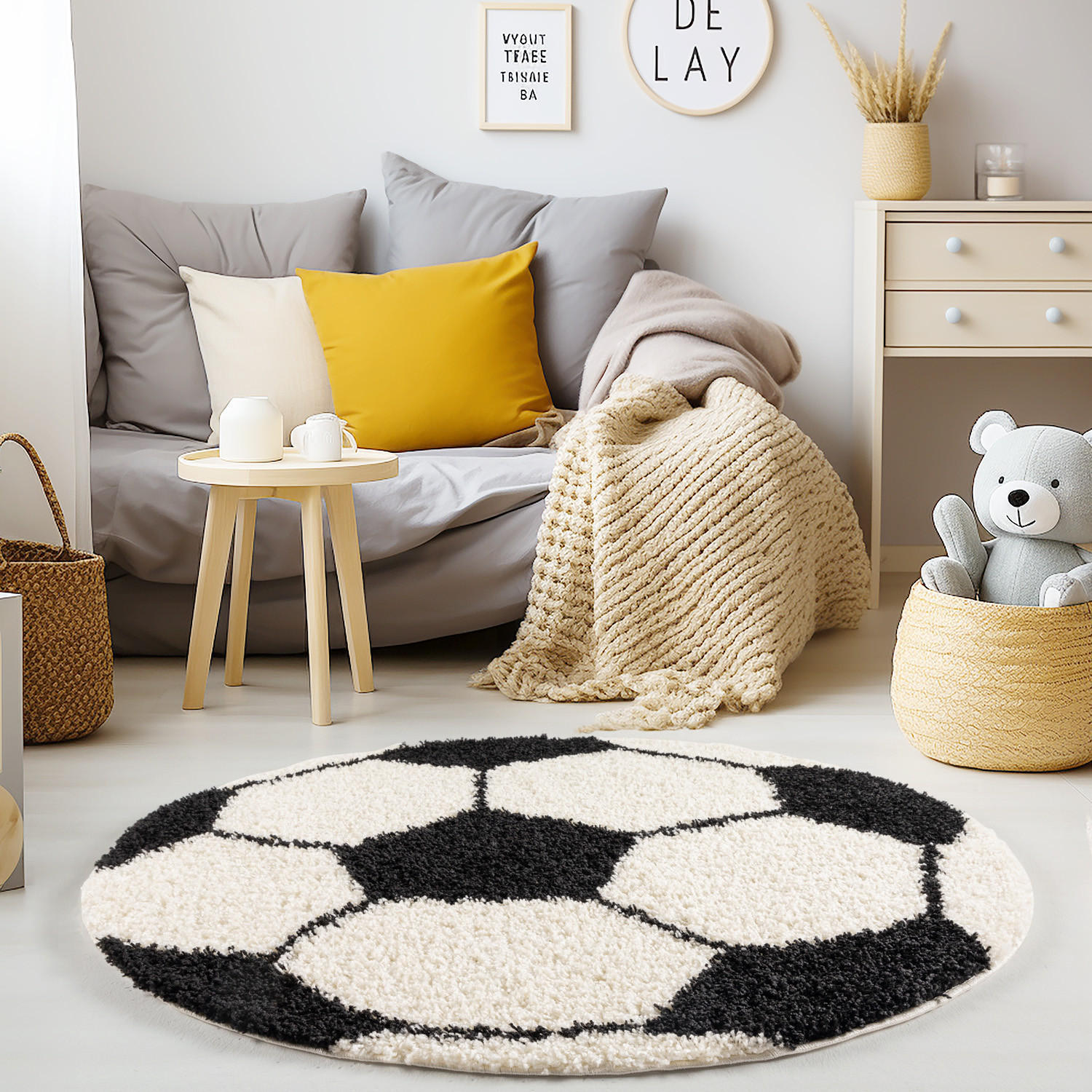 TEPPICH Kinder Hochflor Fußball Motiv Polypropylen Kinderzimmer Schwarz Rund 100x100 - Schwarz, Textil (100/100cm) - KADIMA DESIGN