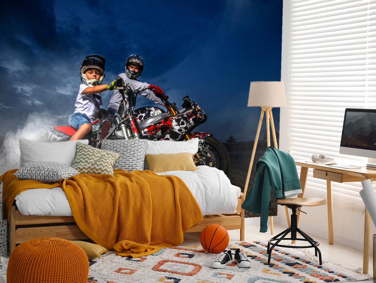 FOTOTAPETE für Schlafzimmer Vater Sohn Motorräder Action 450x315 - Rot/Schwarz, Papier (450/315cm) - Muralo