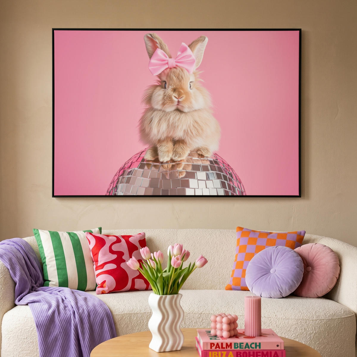 LEINWAND Bilder mit Rahmen - Schleife - Discoball - Kaninchen - 140x90 - Pink, Textil (140/90cm) - MuchoWow
