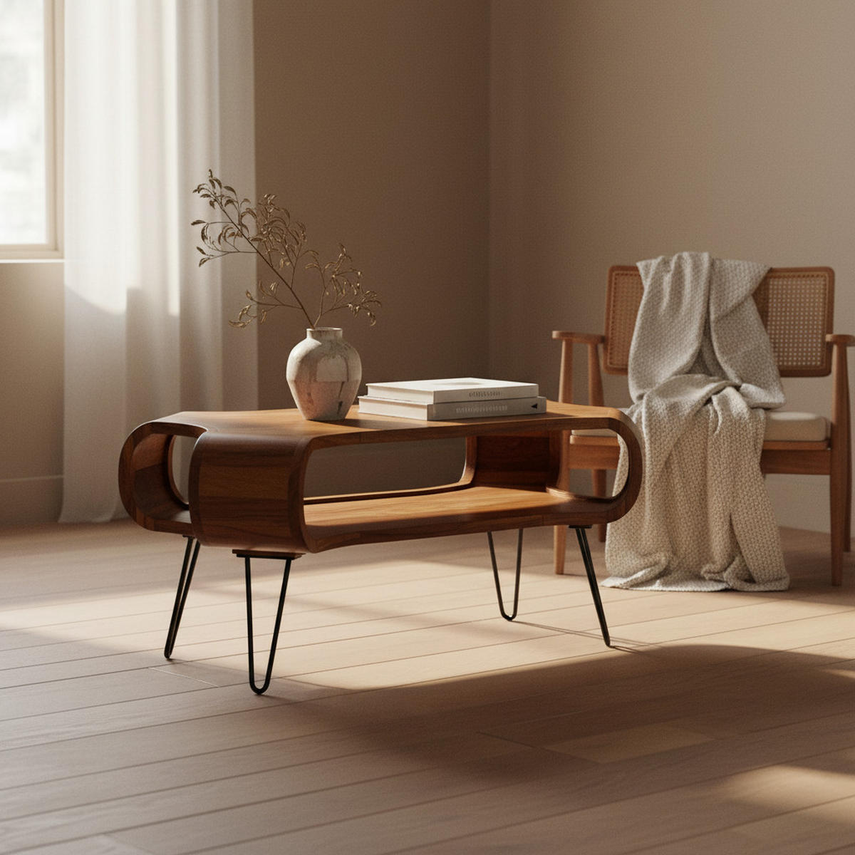 COUCHTISCH Rechteckig in Massivholz und Metall 100x60x47cm mit Stauraum und Haarnadelbeinen - Sheeshamfarben/Schwarz, Holz/Metall (60/100/47cm) - KADIMA DESIGN