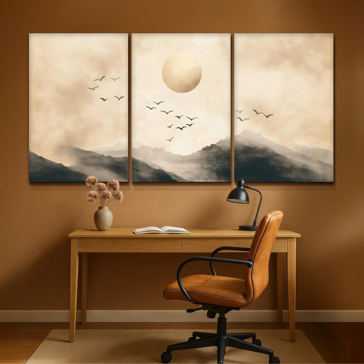 LEINWANDBILD 3er Set Landschaft - Japandi - Beige - Vögel 240x120 cm - Beige, Textil (240/120cm) - MuchoWow