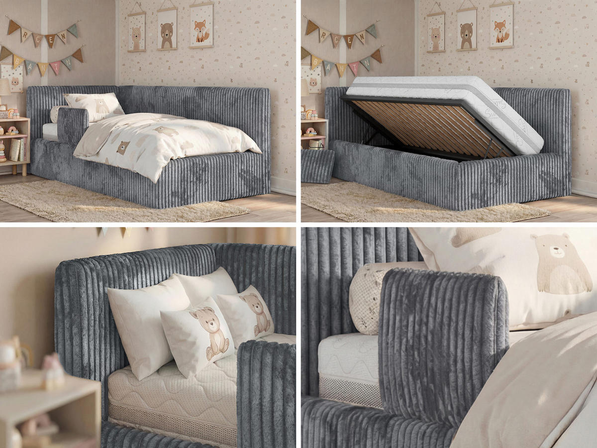 POLSTERBETT TILVO ALTA 90/200 - Grau Cord - Multitaschenfederkernmatratze - Links - Grau, Textil (90/200cm) - MKS