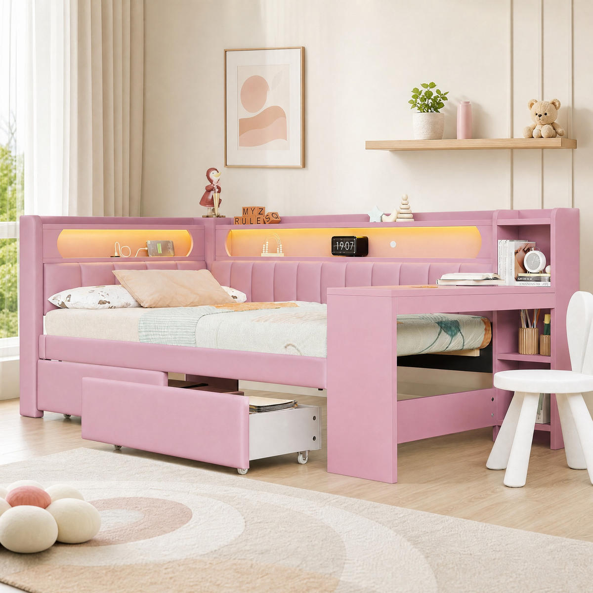 JUGENDBETT 90/200 mit Schreibtisch, Schubladen, LED und USB in Rosa - Rosa, Holzwerkstoff/Textil (90/200cm) - EVRYAE