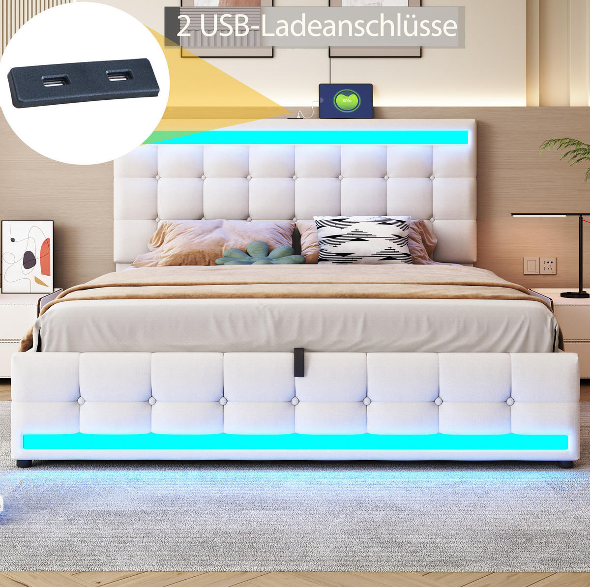 ČALOUNĚNÁ postel 180/200 cm, béžová, lněný vzhled, s LED osvětlením a USB - béžová, textil (180/200cm) - BEAOK