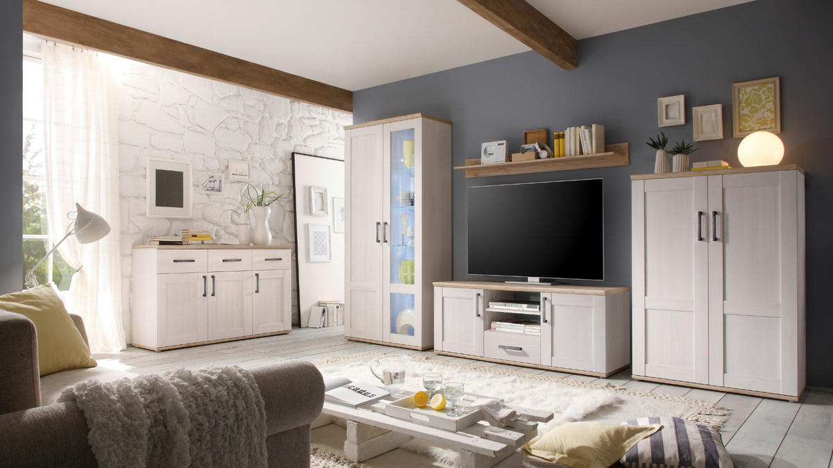 WOHNWAND Elegance 329/201/50 cm in Sibiu-Lärche, San Remo hell - Weiß, Holz (329/201/50cm) - moebel dich auf