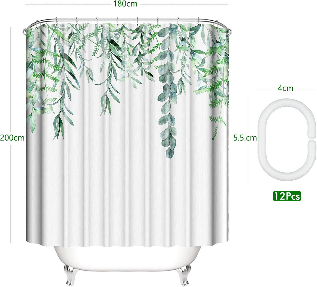 DUSCHVORHANG schimmelresistent Badezimmer Polyester Druck Pflanze Blatt Grün waschbar mit Haken für Zuhause - Grün, Textil (180/200cm) - MCBOSON