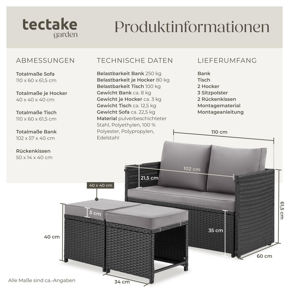 2-IN-1-RATTANLOUNGE-SET Monopoli, höhenverstellbare Tischfüße, schwarz - Schwarz, Kunststoff - tectake