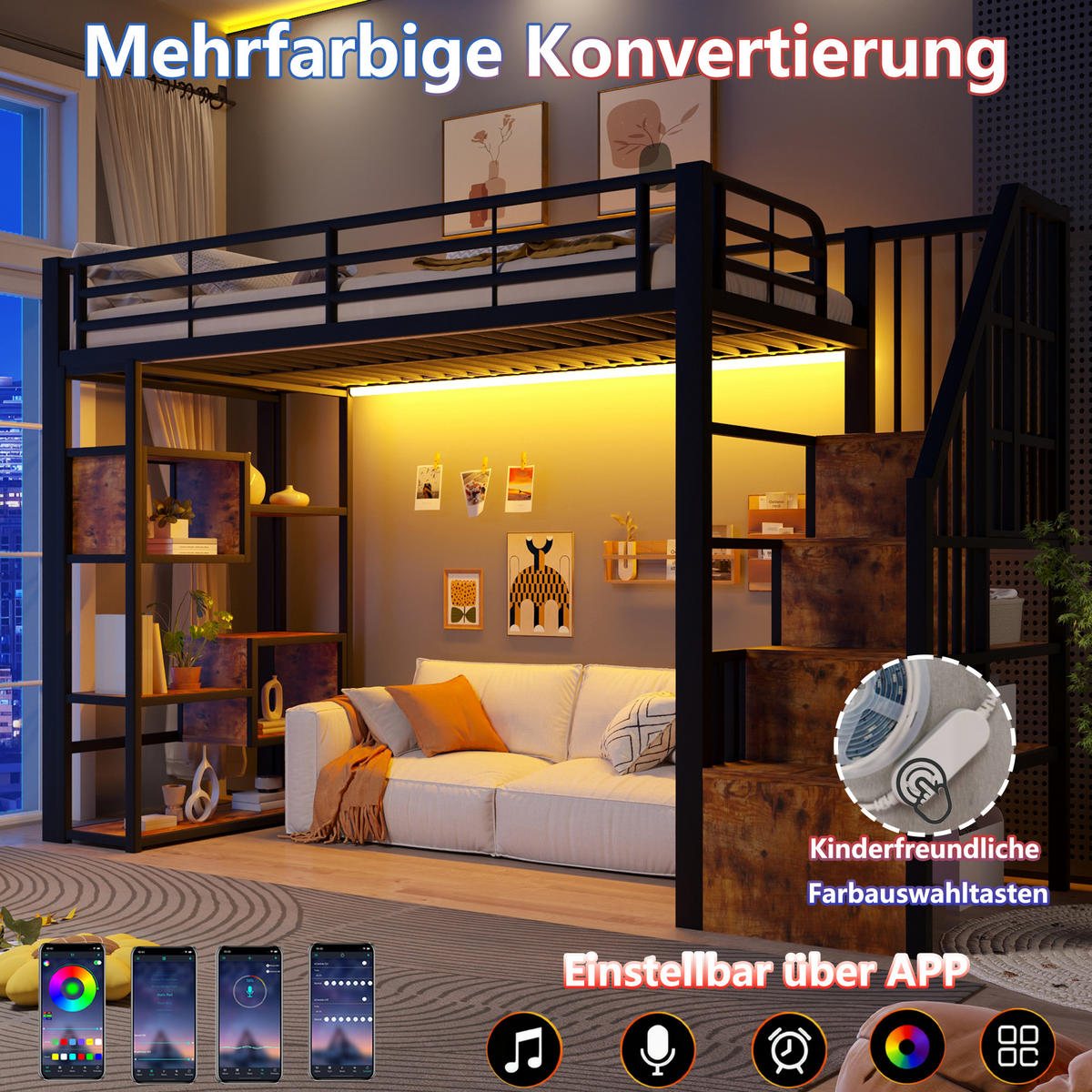 HOCHBETT 90x200cm, Eisen, Ablage, Stufen, Geländer, LED, Stauraum, ohne Matratze, Schwarz - Schwarz, Holzwerkstoff (90/200cm)
