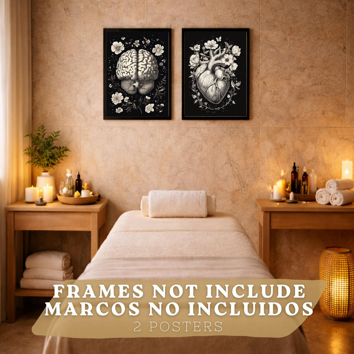 POSTER Set aus 2 Anatomie Mensch Drucke und Wandbilder mit Gehirn und Herz Monochromes Florales Design Schwarzer Hintergrund Größe Rahmenlos A4 - Klar, Papier (21/29.7/3cm) - Nacnic