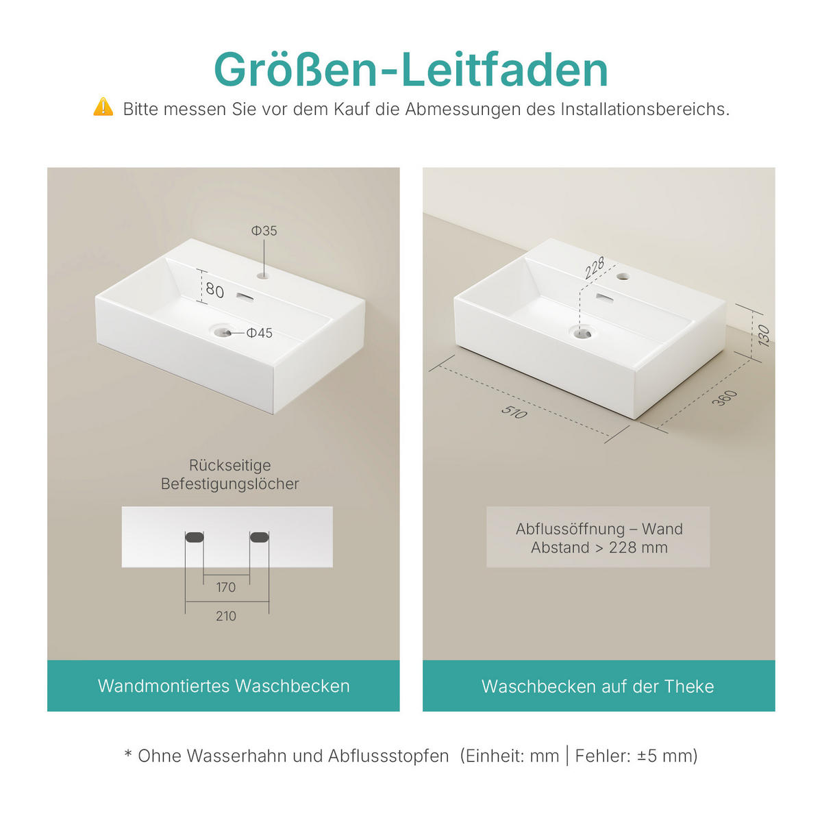 WASCHBECKEN mit Überlauf Weiß 51 / 36 / 13 cm - Weiß, Keramik (36/13/51cm) - EMKE