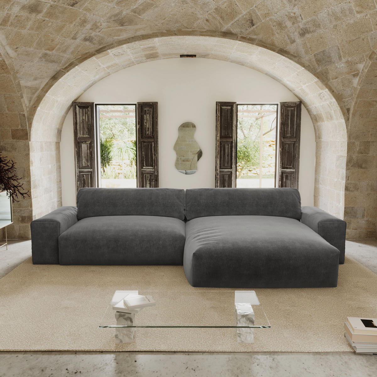 ECKSOFA RECHTS Samt Graphitgrau 310cm - Graphitfarben/Grau, Textil (310/174cm) - Sia Home