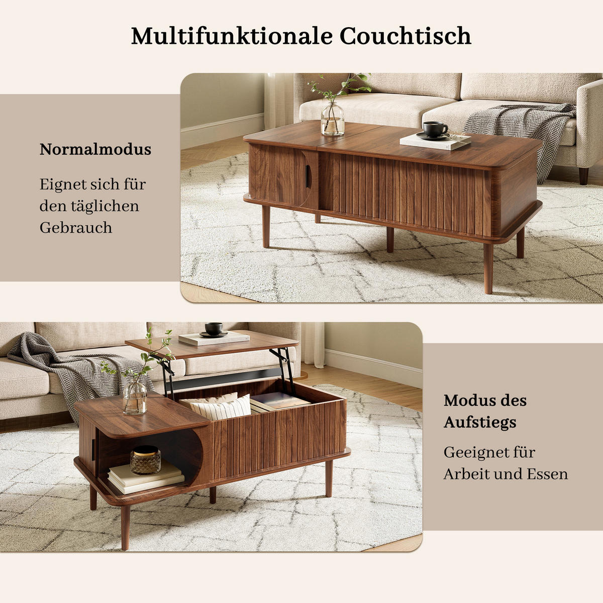 COUCHTISCH Retro Walnuss höhenverstellbar Rillen modern - Walnussfarben, Holzwerkstoff (100/48/55.5cm) - FLIEKS