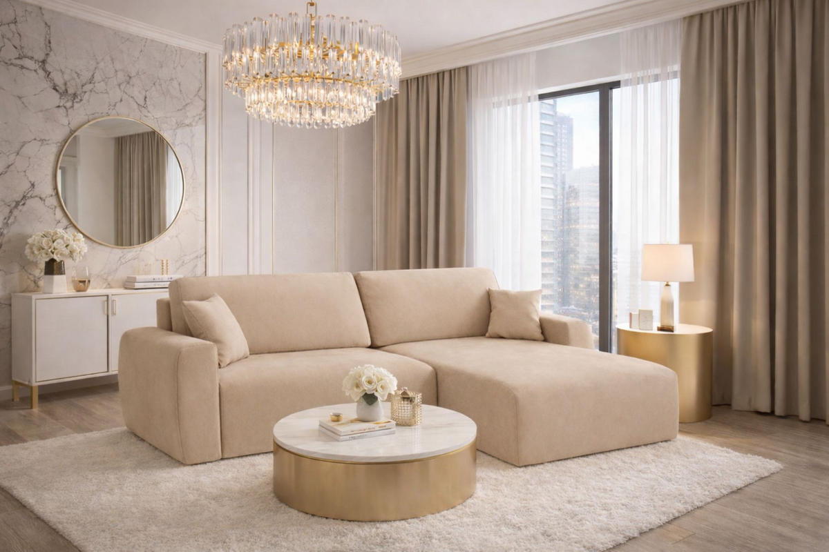 ECKSOFA Mit Schlaffunktion, Ariel XL, Chenille-Stoff, Stoff Artico, Beige, Rechts - Beige, Holz (280/142cm) - Kaiser Möbel