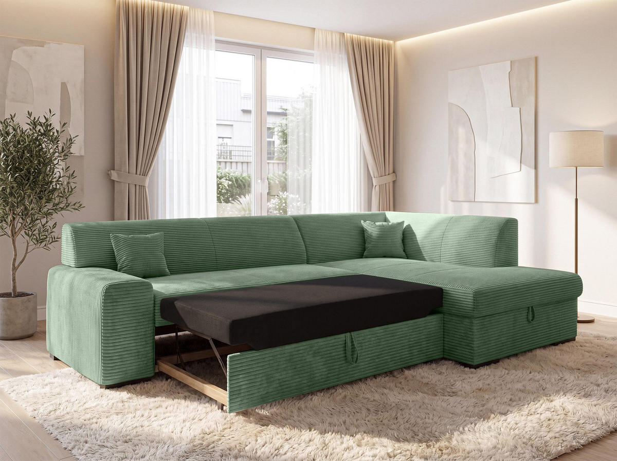 ECKSOFA L Form Minosa Salbeigrün 260/175/71 cm Rechts mit Schlaffunktion - Salbeigrün/Schwarz, Kunststoff/Textil (175/260cm) - AX Living