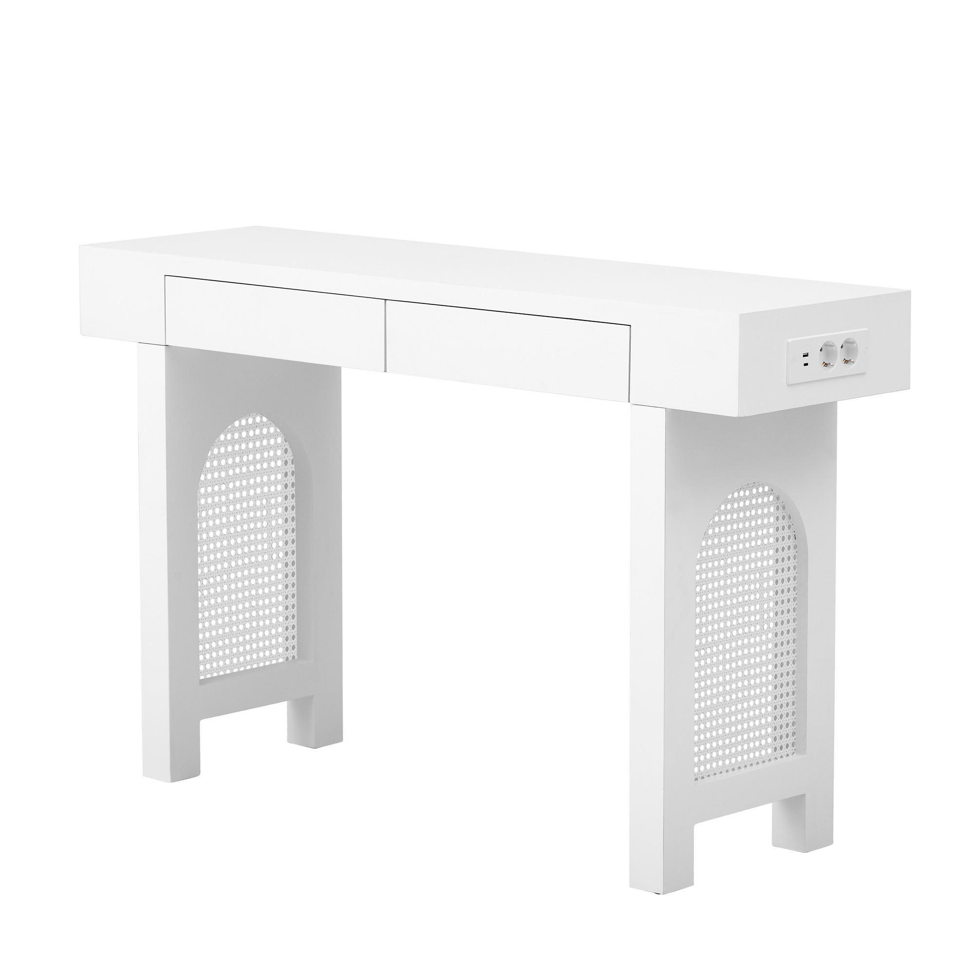 KONSOLENTISCH mit gitterdesign, 2 schubladen & integrierter steckdose - Weiß, Holzwerkstoff (35.5/120/76.5cm) - Urban Meuble