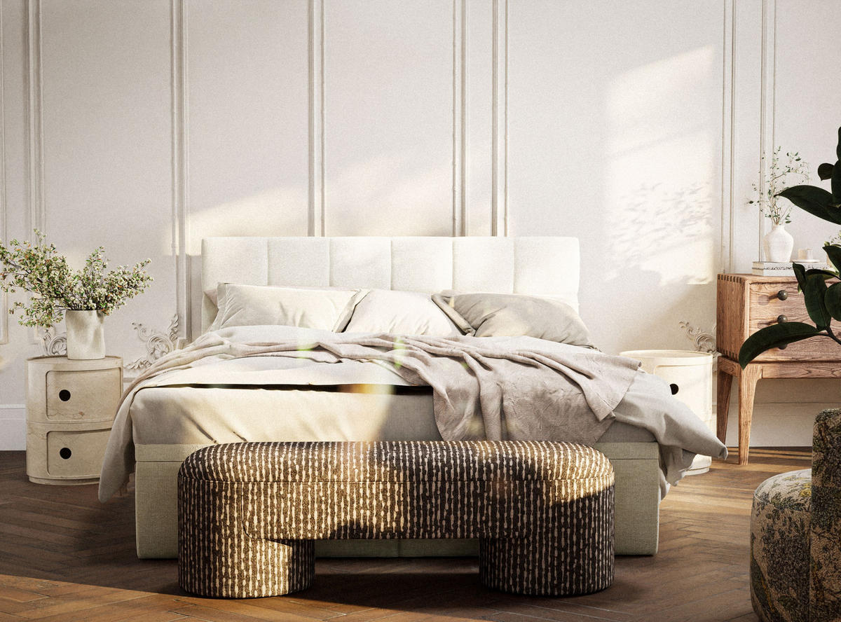 BOXBETT 160/200 cm Gotu S, in Creme, Matratze, gepolstertes Kopfteil, Bettkasten, H3 = fest - Creme/Schwarz, Holz/Holzwerkstoff (160/200cm) - Maison de Reve