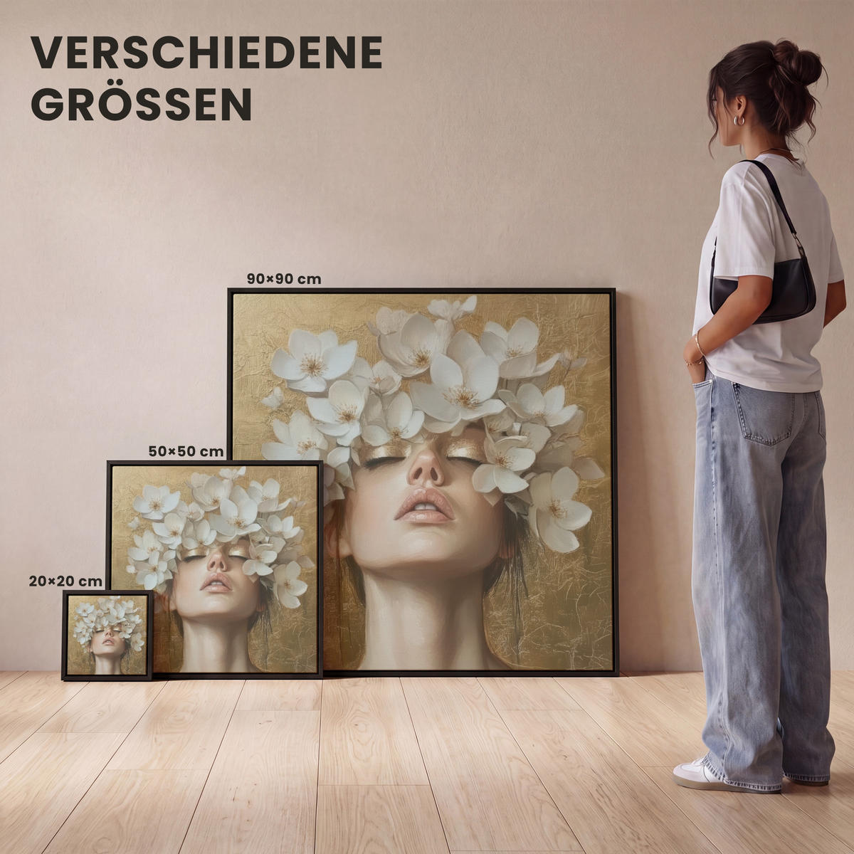 LEINWAND Bilder mit Rahmen - Gesicht - Blumen - Gold - Abstrakt - 20x20 - Goldfarben, Textil (20/20cm) - MuchoWow