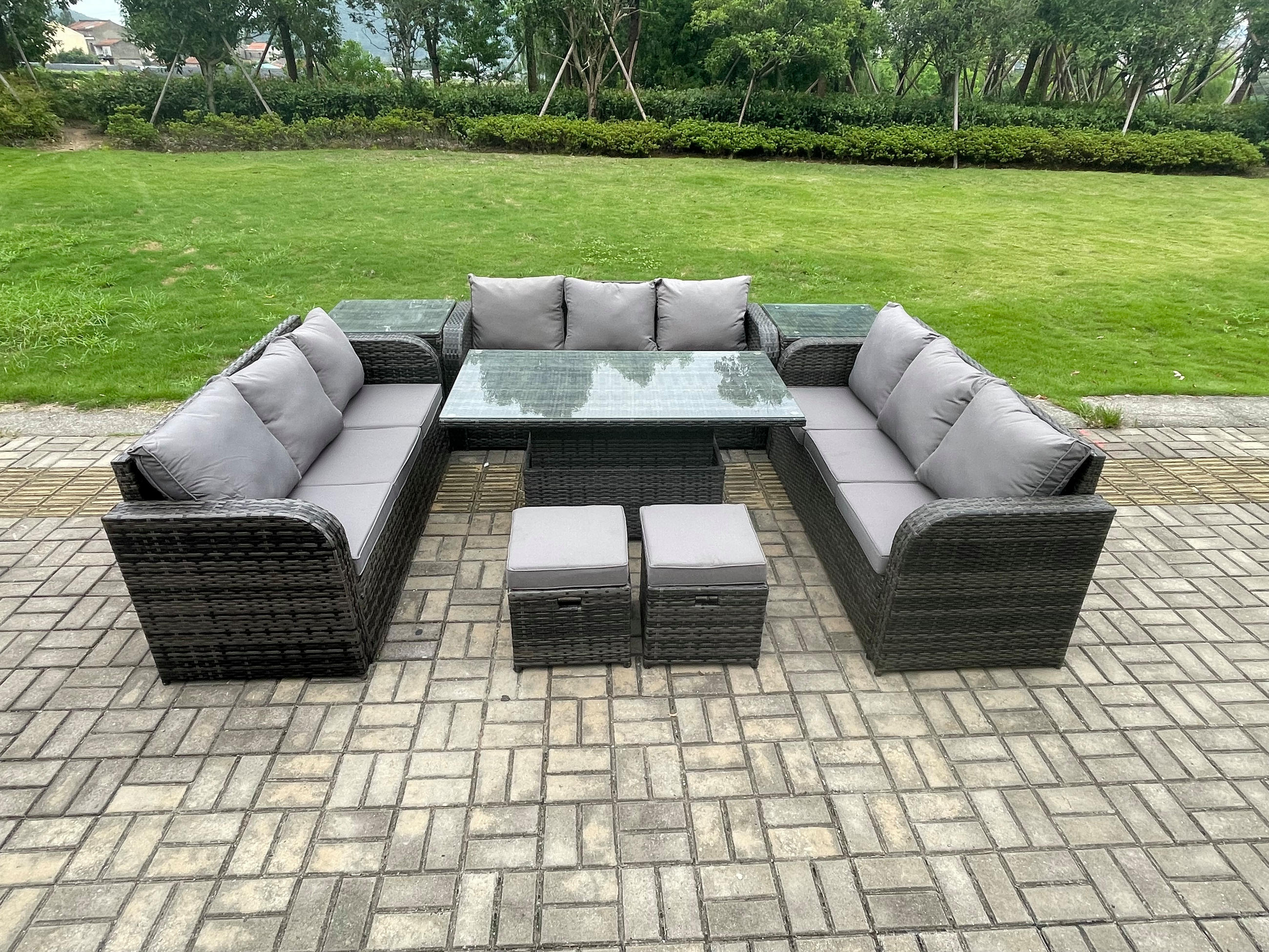 GARTENTISCHGRUPPE Polyrattan 11-Sitzer - Dunkelgrau/Grau, Glas/Kunststoff - Fimous