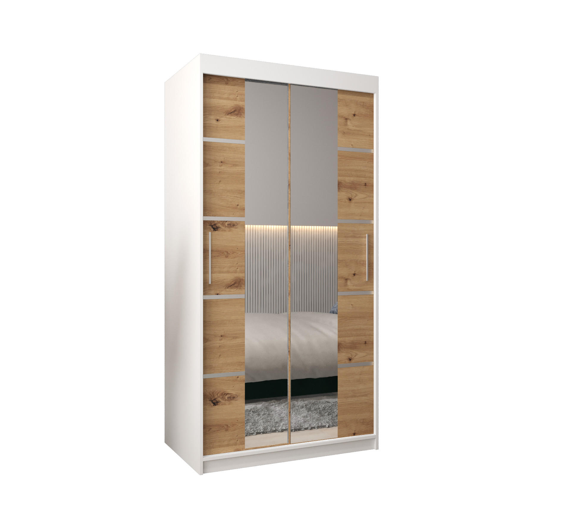 Möbel Kryspol Schwebetürenschrank Weiß, Eiche Artisan, Silber 100x200x62 cm