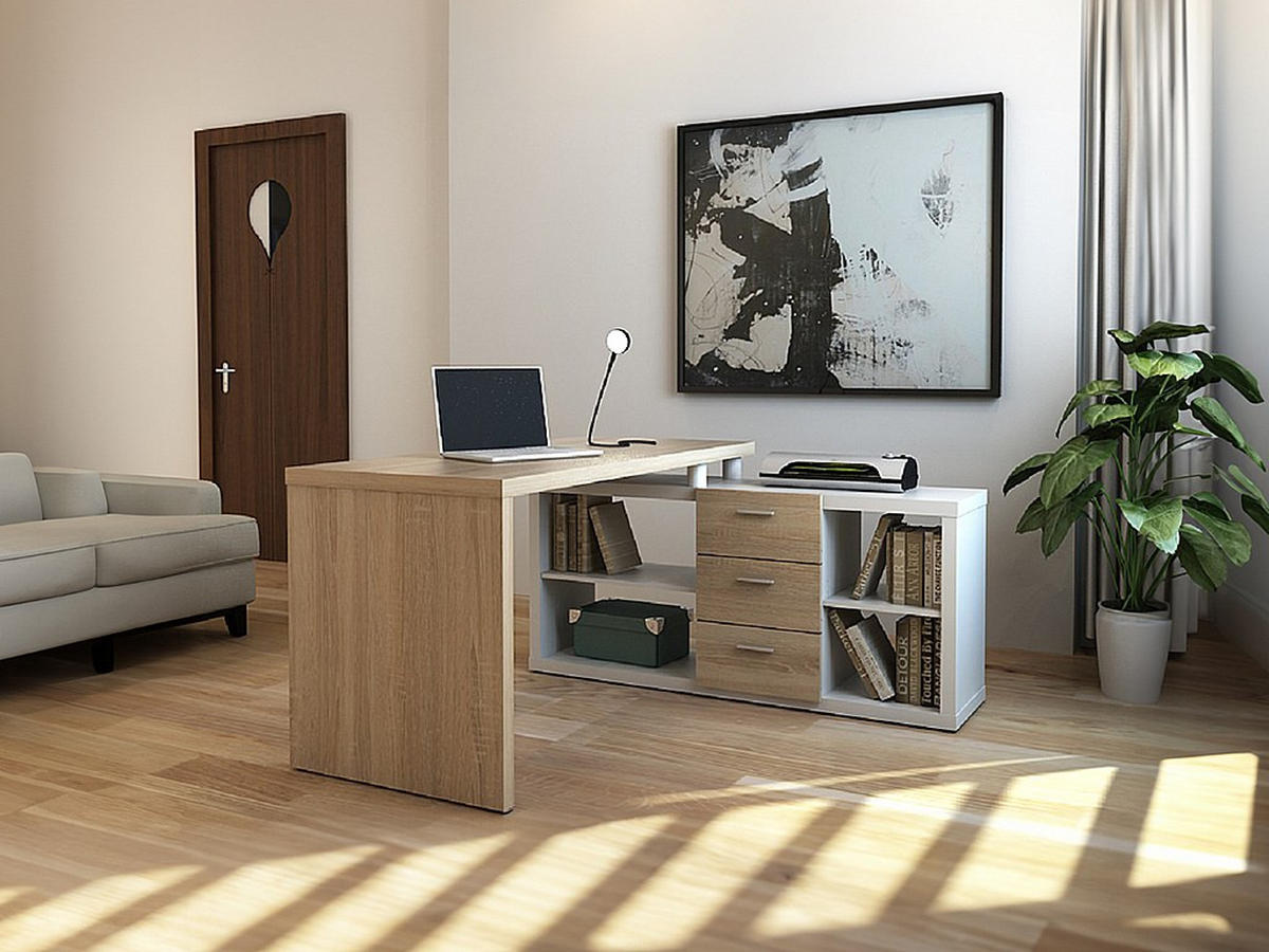 ECKSCHREIBTISCH mit Stauraum - Weiß & Eichefarben - ALDRIC III - Naturfarben, Holz (140/140/75cm) - Vente-Unique