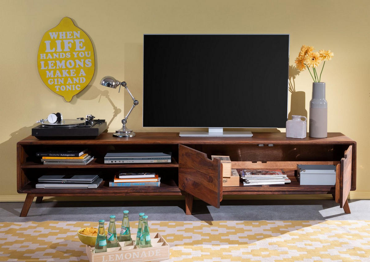 TV-BOARD Sheesham 220x40x48 walnuss gewachst MALMÖ 2 #125 - Dunkelbraun, Holz (220/48/40cm) - Massivmoebel24