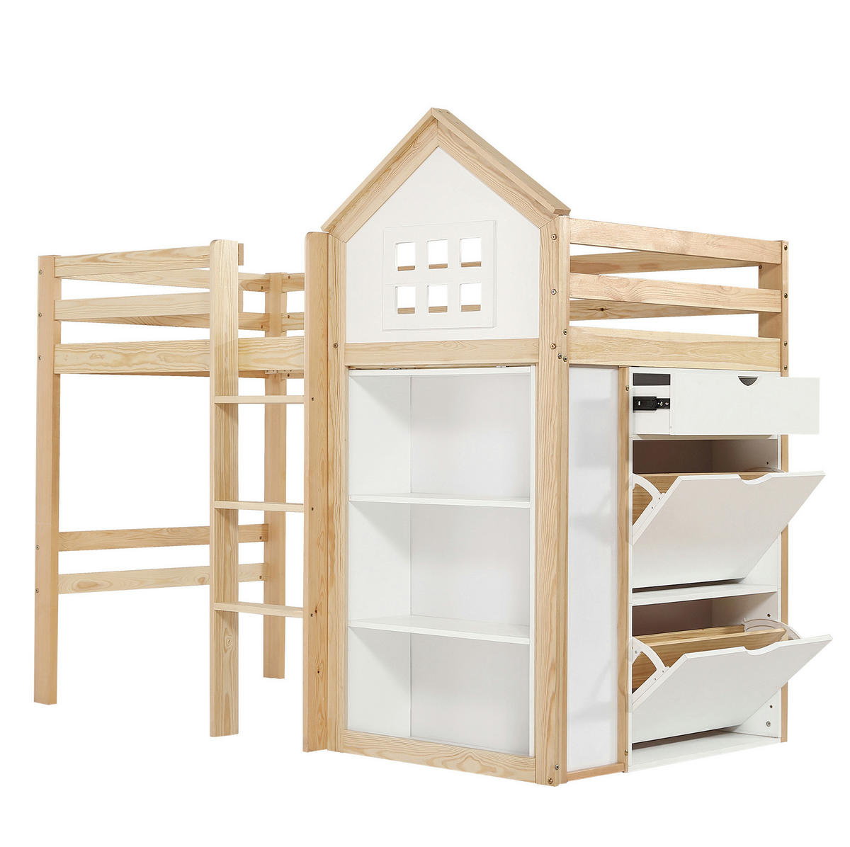 PATROVÁ postel 90/200 cm bílá/přírodní, vyrobená ze dřeva a MDF s úložným prostorem - bílá, dřevo (90/200cm) - OKWISH