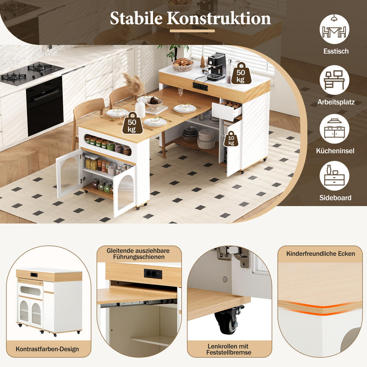 KÜCHENINSEL mit ausziehbarer Tischplatte DE-39566 Natur - Naturfarben, Holzwerkstoff (110.5/95.5/50.5cm) - ComfortXL