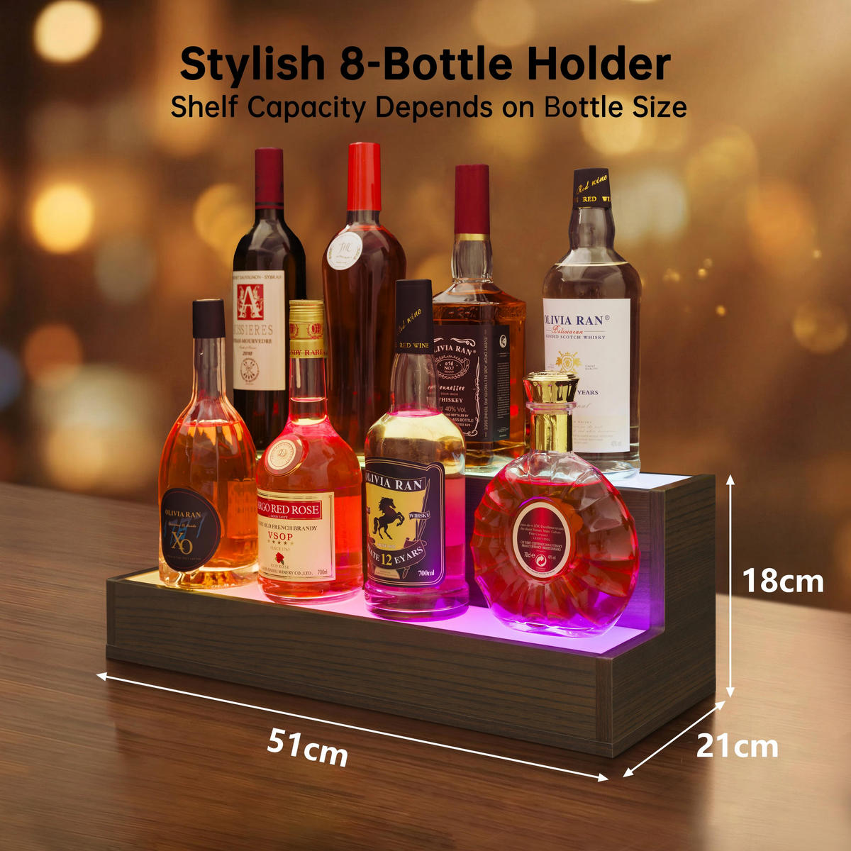WEINREGAL 51/21/18 cm, Nussbaumfarben, Verbundholz, LED beleuchtet, App & Fernbedienung, 2-stufig, freistehend - Walnussfarben, Holzwerkstoff (51/18/21cm)