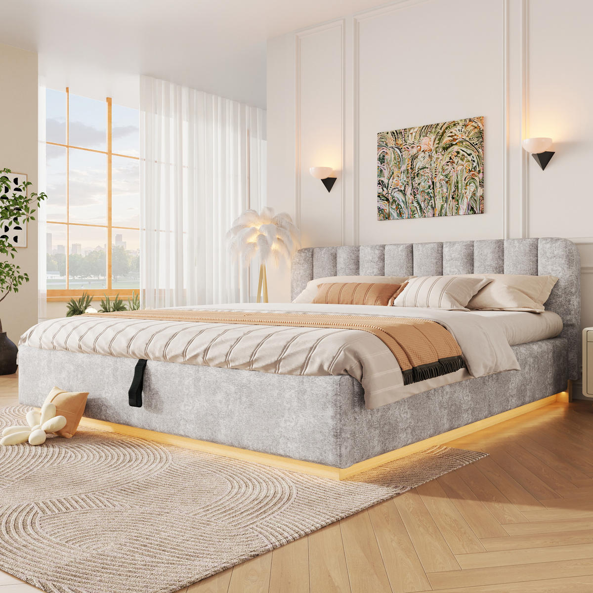 ČALOUNĚNÁ POSTEL 180x200cm Úložná LED Žinylka Světlešedá - šedá, kompozitní dřevo (180/200cm) - FLIEKS
