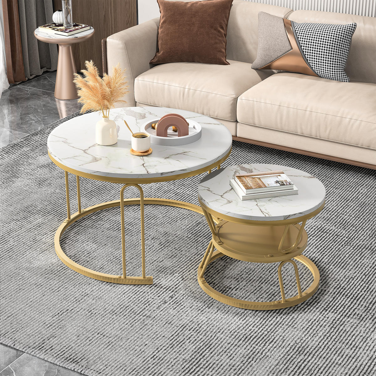 COUCHTISCH 2er Set rund schiebbar Marmoroptik Metall gold weiß - Weiß, Holz (45/70/44.2cm) - LEBENLANG