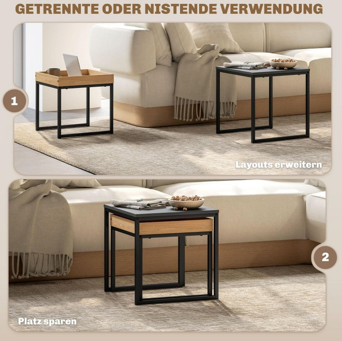 SADA konferenčních stolků 45/45/45 cm černá z oceli s odnímatelným tácem - černá, kov (45/45/45cm) - OKWISH