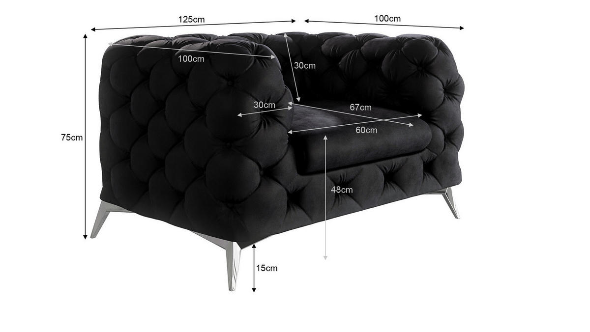 CHESTERFIELD-SESSEL Laura Schwarz Samt - Silberfarben/Schwarz, Holz/Textil (125/75/100cm) - S-Style Möbel