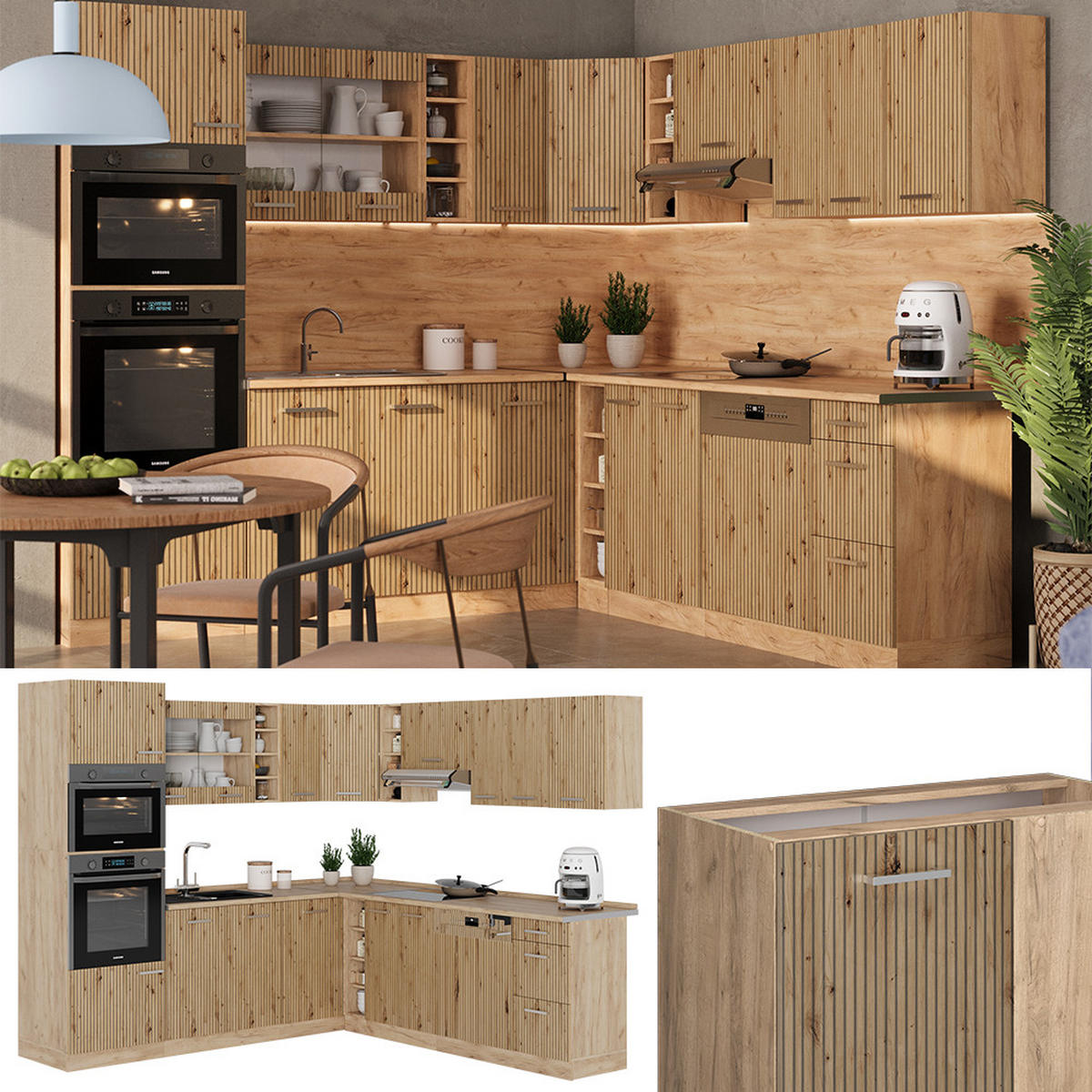 EINBAUKÜCHE R-Line Artisan-Eiche/Goldkraft Eiche 237 x 247 cm ohne AP - Eiche Wotan/Eiche Artisan, Holzwerkstoff (247/81.6/46cm) - Vicco