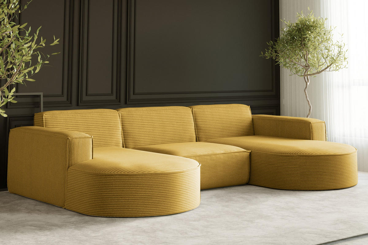 ECKSOFA Designer MODENA U STUDIO Stoff Dicker Cord Gelb - Gelb, Holz (165/299cm) - Kaiser Möbel