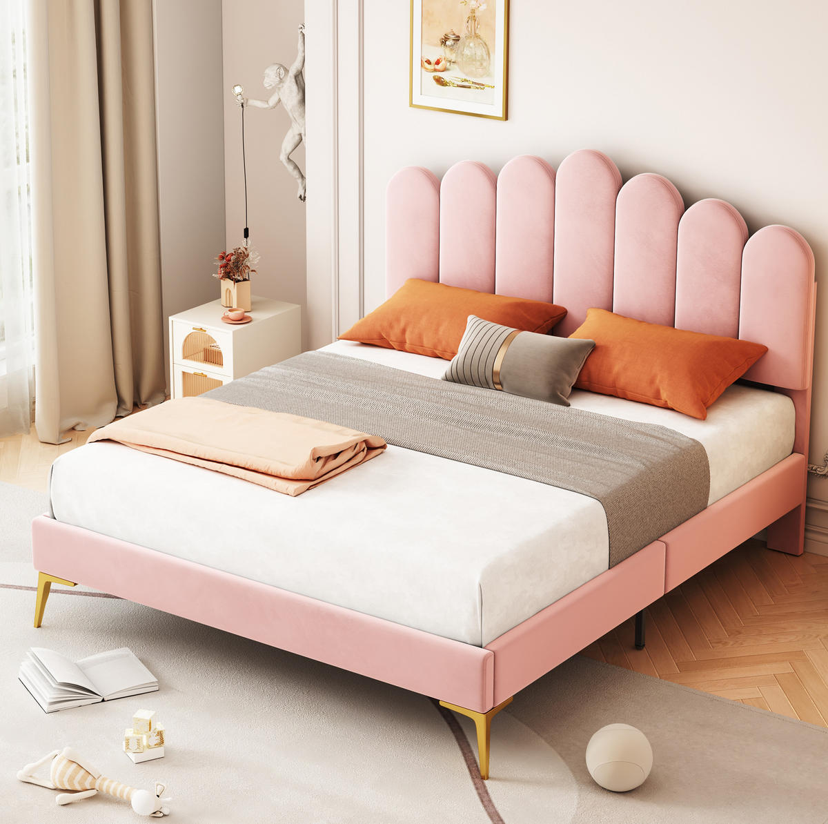 POLSTERBETT mit verstellbarem Kopfteil 140x200 cm Samt Pink - Pink, Metall (140/200cm) - Meubliv