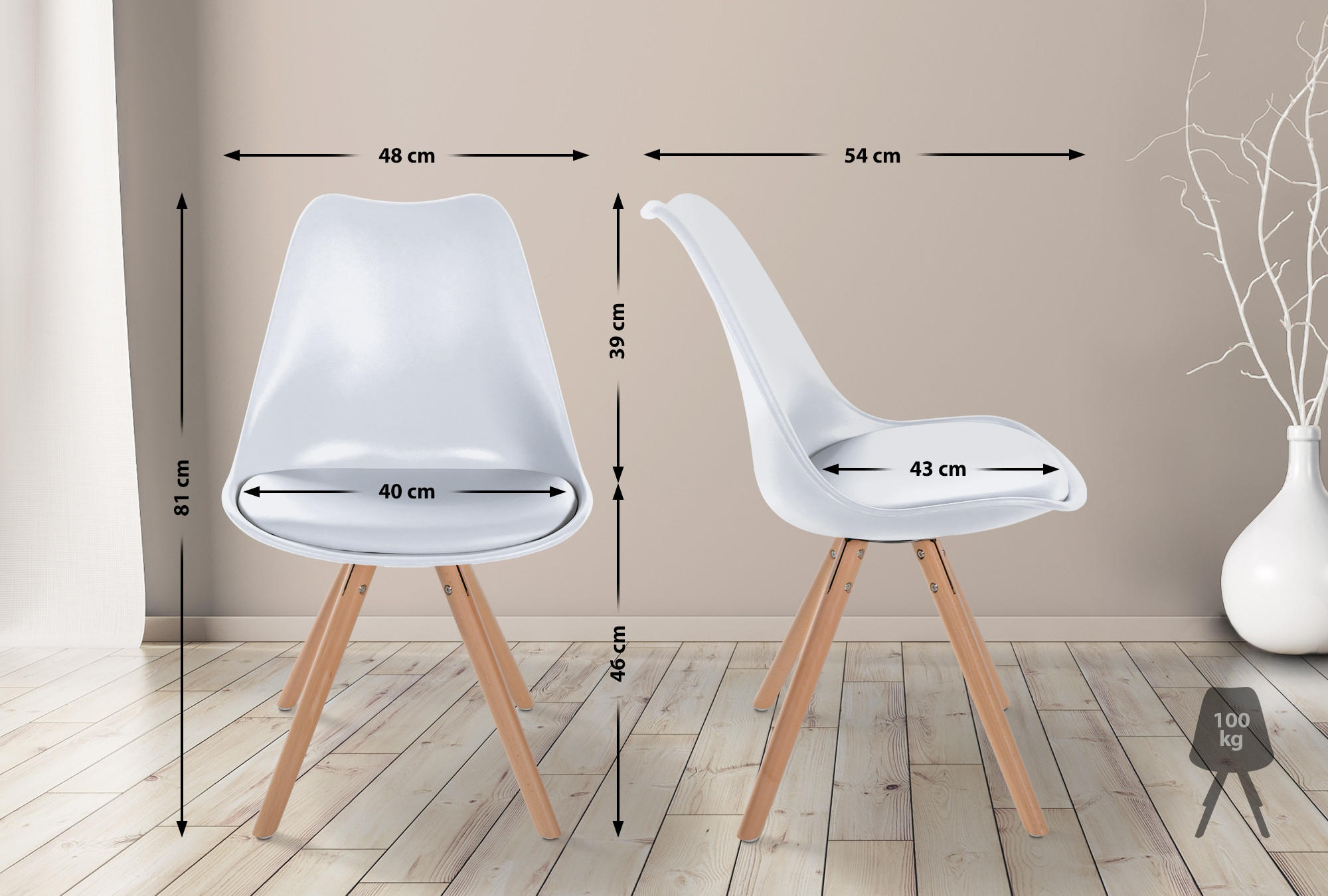 STUHL 4er Set Kunststoff weiß - Eukalyptusholzfarben/Weiß, Holz/Kunststoff (48/81/54cm) - CLP