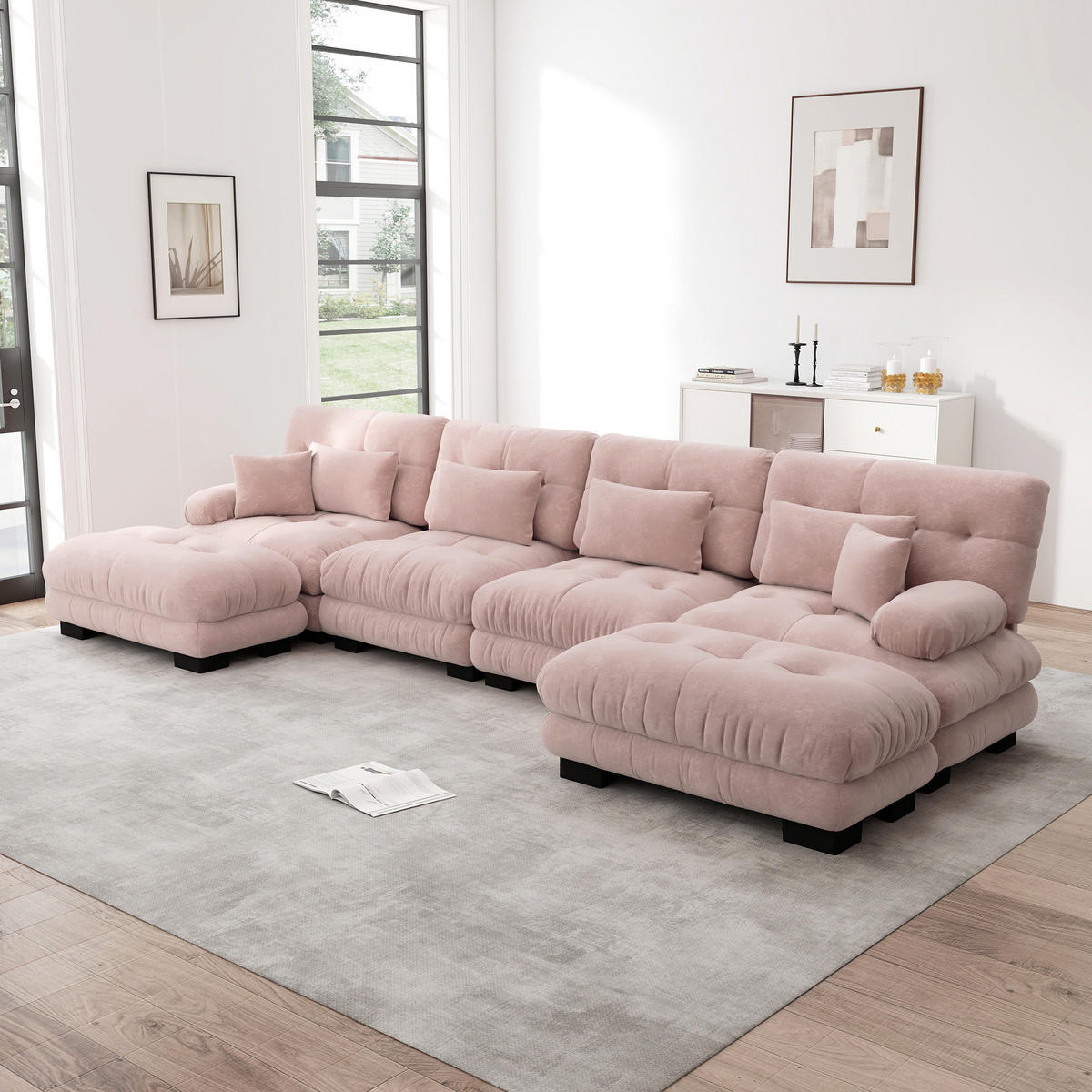MODULARES Ecksofa mit beweglichen Ottomane, Chenille und flexiblem Aufbau, Rosa - Pink, Textil (406/145cm) - Redom
