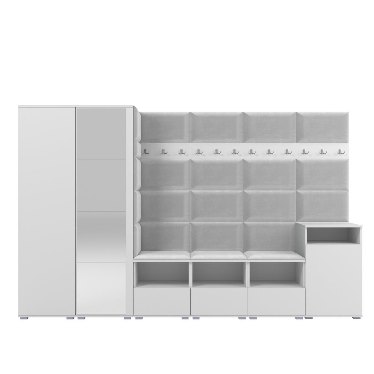GARDEROBE NELA XII 300 cm (Modulare Flurmöbel Weiß mit Spiegel & Sitzpolster Hellgrau 32 Gigantisches Set) - Silberfarben/Hellgrau, Holz/Holzwerkstoff (300/187/40cm) - Ravio