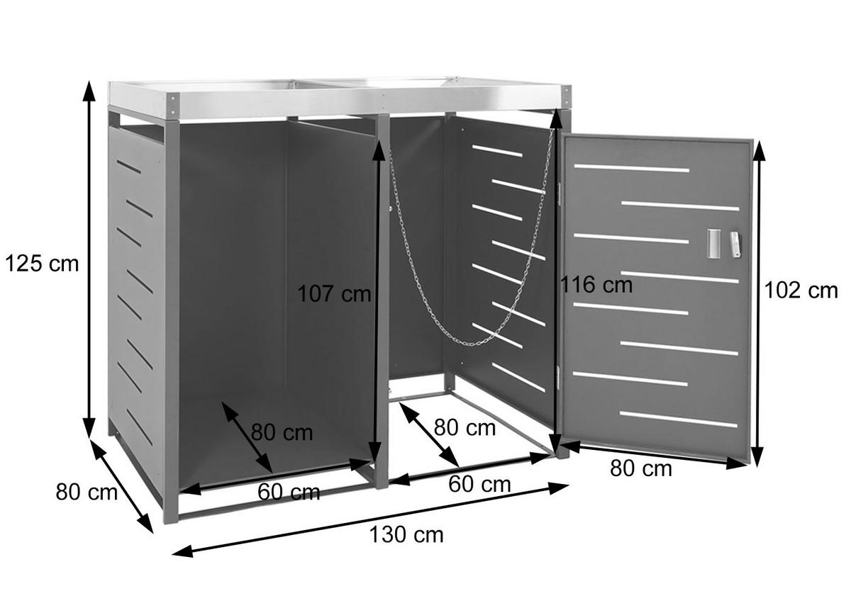 1ER-MÜLLTONNENBOX MIT HOLZLAGER rechteckig Anthrazit - Anthrazit, Metall (130/125/80cm) - MCW