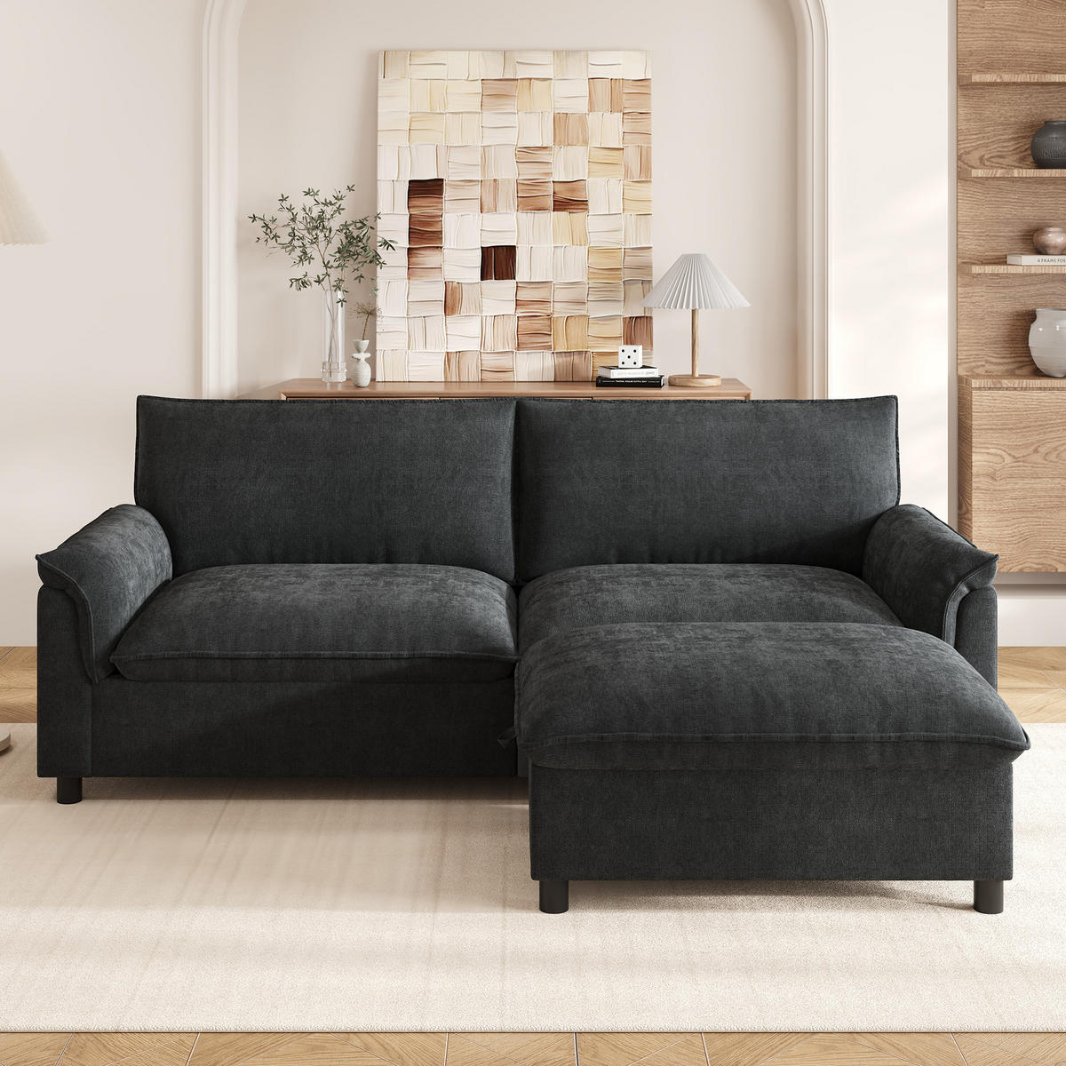 SOFA Schwarz U-Form Cloud Modular Deep Seat 216cm Hocker - Schwarz, Textil (77/82/216cm) - FLIEKS