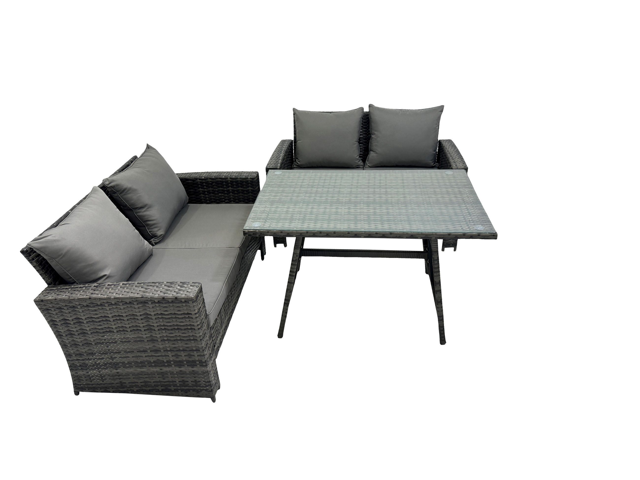 GARTENMÖBELSET mit ESSTISCH,HOCHLEHNER-SOFA Polyrattan Dunkelgrauer Mix 4-Sitzer - Dunkelgrau/Grau, Glas/Kunststoff - Fimous
