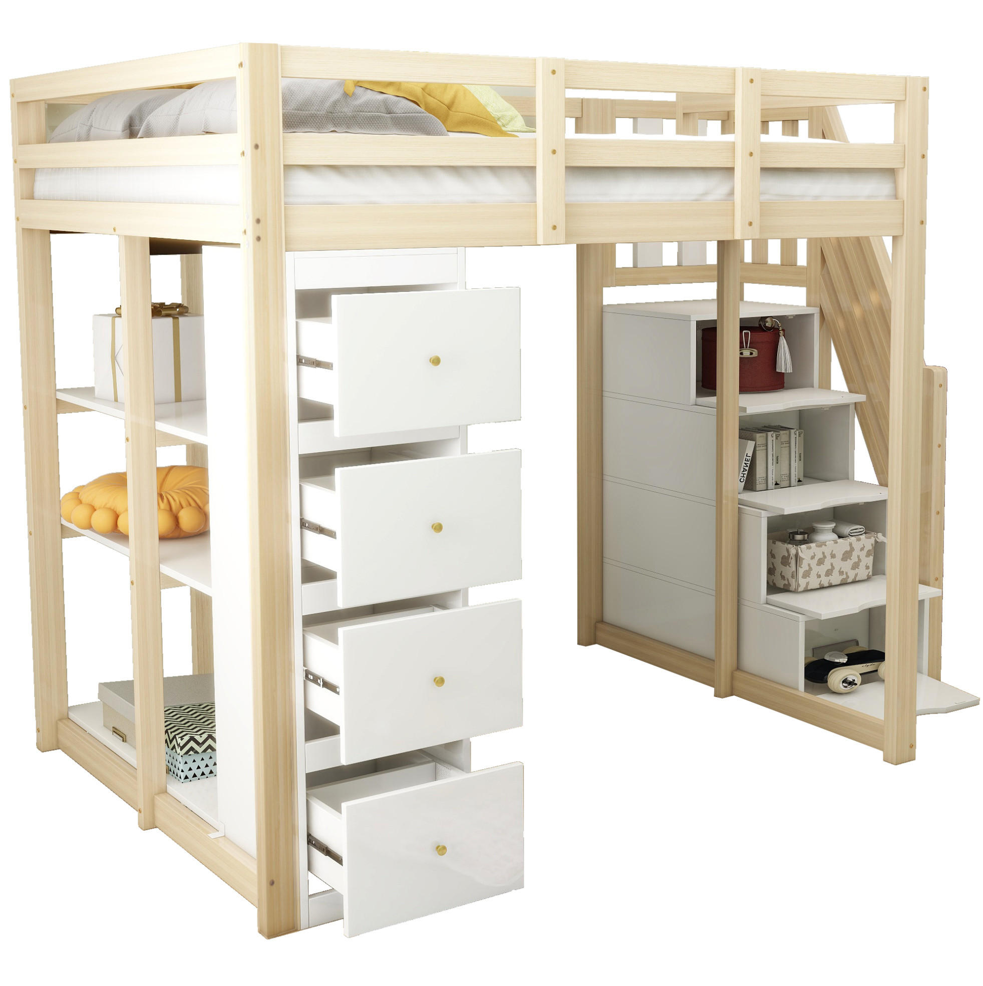 HOCHBETT 140/200 cm mit Aufbewahrungsschubladen und Sicherheitsleiter in Natur und Weiß ohne Matratze - Hellbraun/Weiß, Holz (140/200cm) - OKWISH