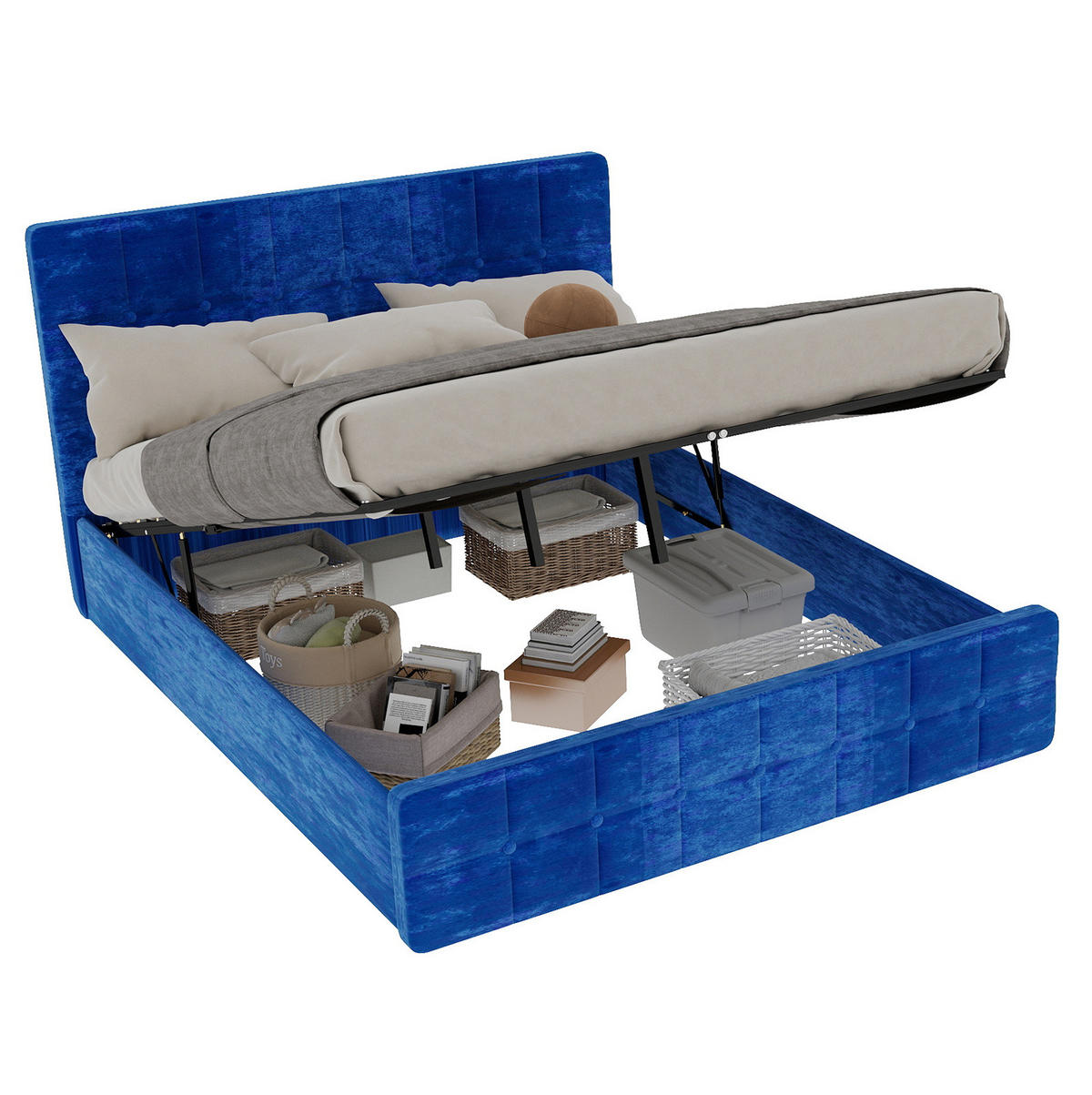 POLSTERBETT 160/200 cm blau aus Flannelette mit gepolstertem Kopfteil - Blau, Textil (160/200cm) - OKWISH